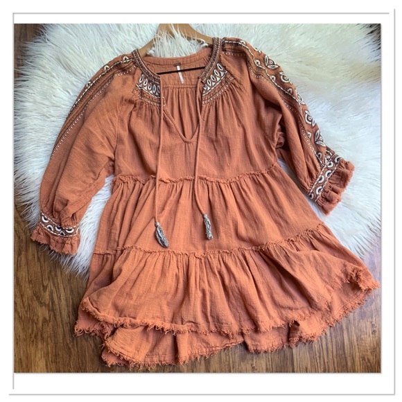 Free People Dreamweaver Embroidered Tunic Peasant Top Orange Brown Size Medium - Picture 2 of 10